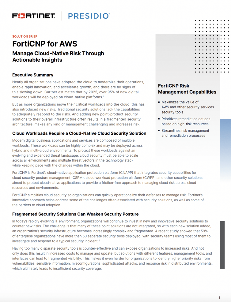 FortiCNP for AWS -Manage Cloud-Native Risk Through Actionable Insights