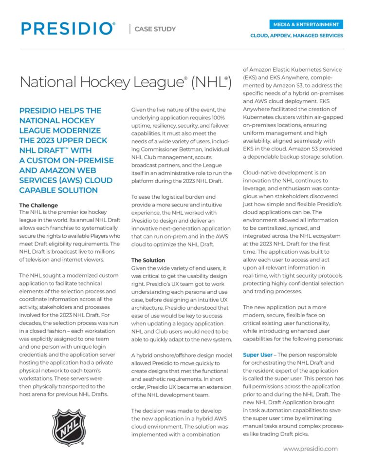The National Hockey League (NHL) came to Presidio to modernize the 2023 Upper Deck NHL Draft^TM with a Custom On-Premise and Amazon Web Services (AWS) cloud capable Solution