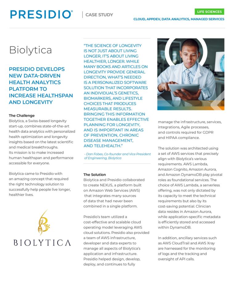 Biolytica Requested Presidio’s guidance to develop a new data driven Health Analytics platform to increase Healthspan and Longevity