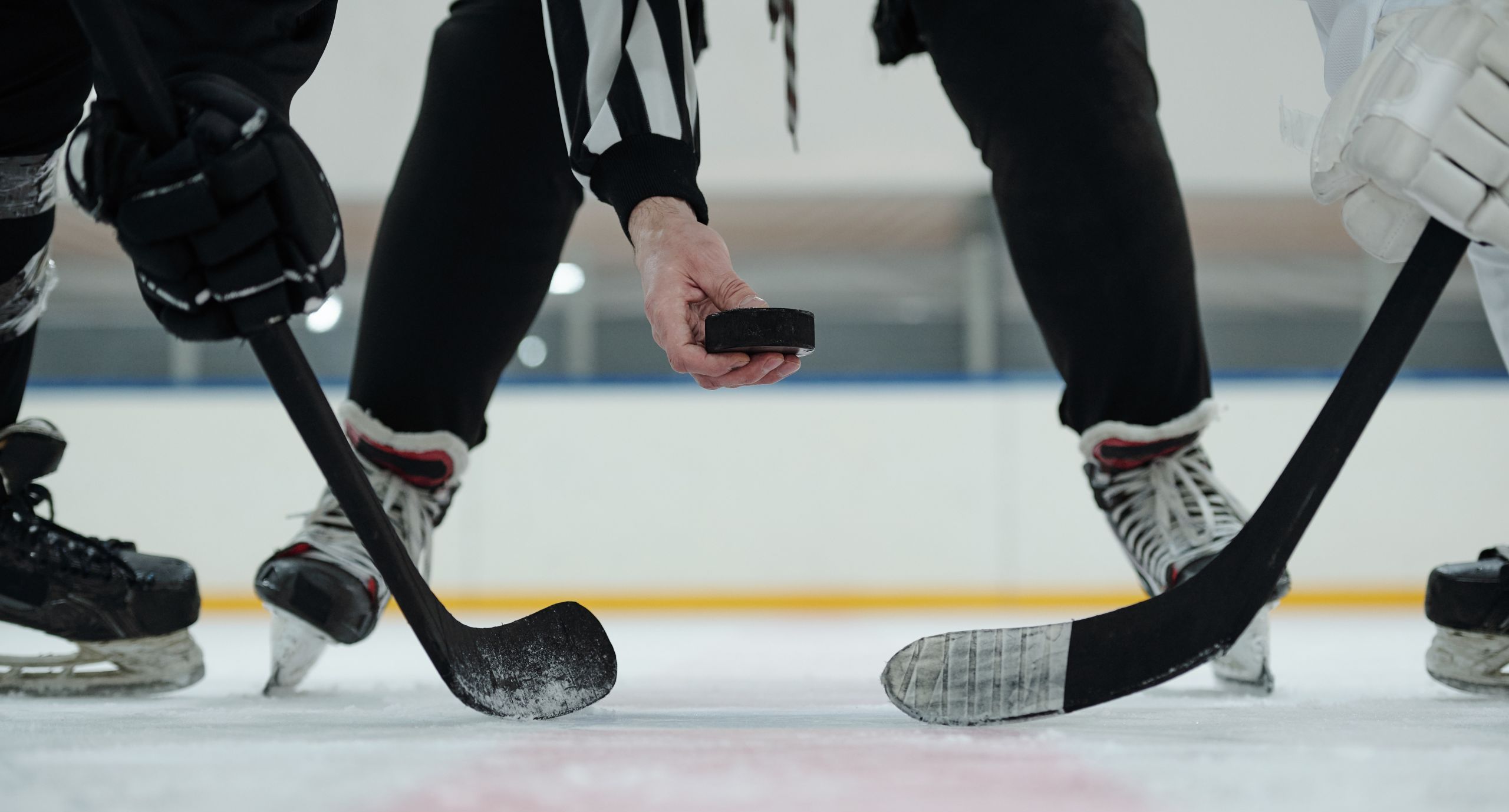 Hand of referee holding puck over ice rink with two players with sticks standing around and waiting for moment to shoot it
