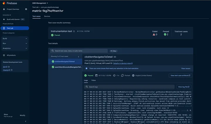 Test Matrix Summary in Firebase Test Lab