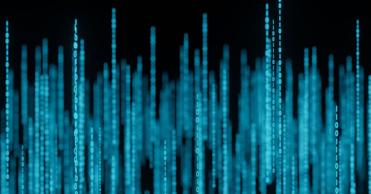 Stream of binary matrix code numbers on the screen 3d rendering