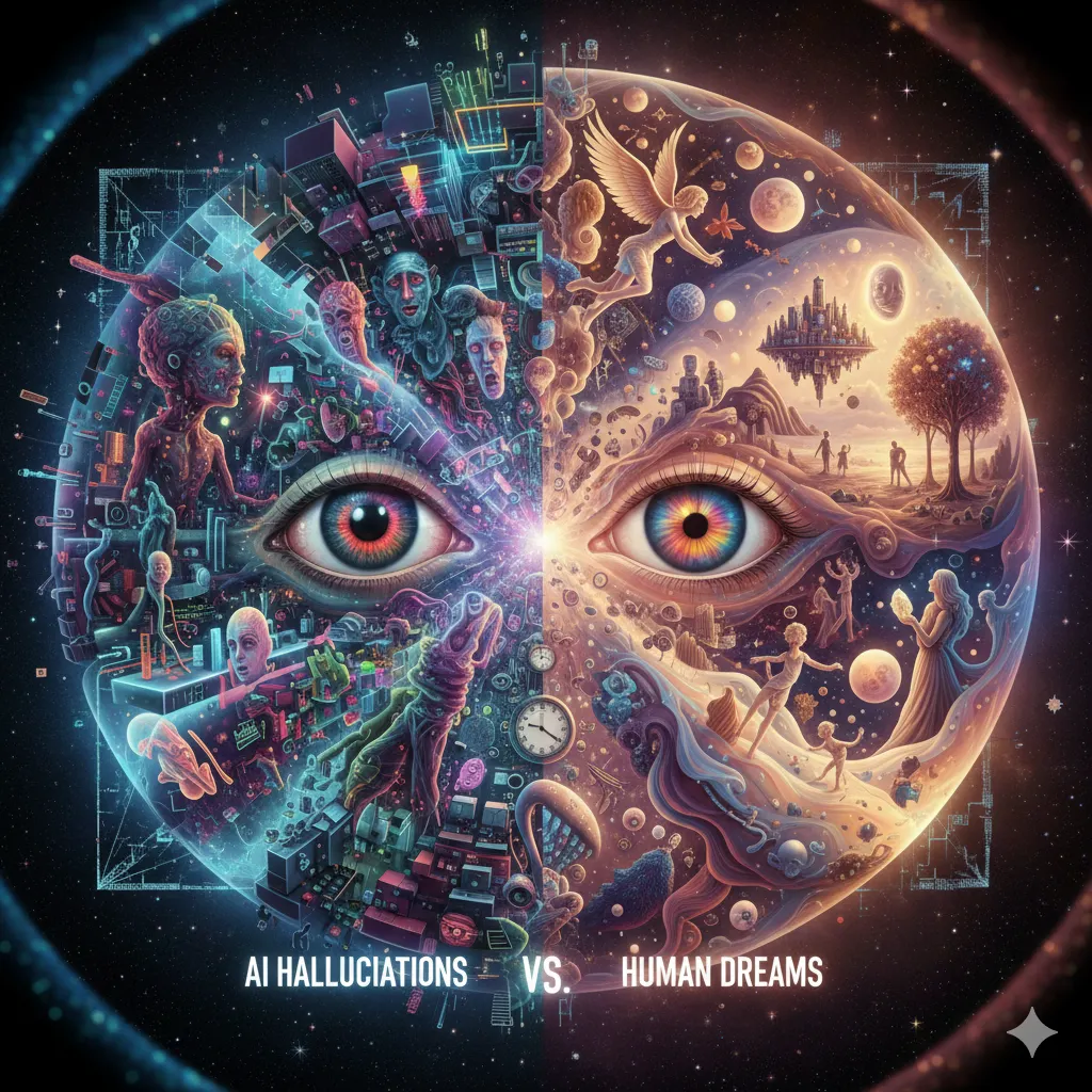 A striking image comparing ‘AI Hallucinations’ and ‘Human Dreams’ within a cosmic sphere.