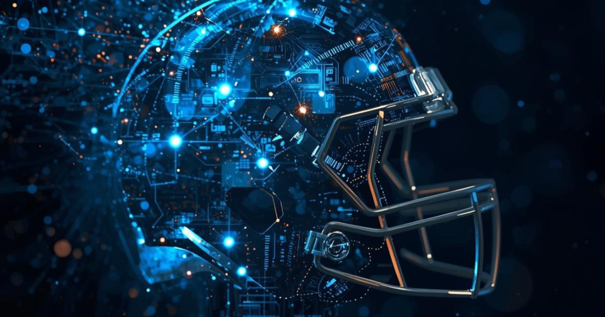 Abstract football helmet with technical and ai imagery throughout