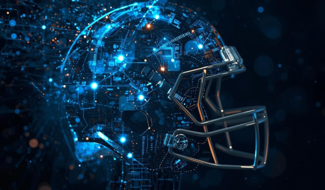 Abstract football helmet with technical and ai imagery throughout