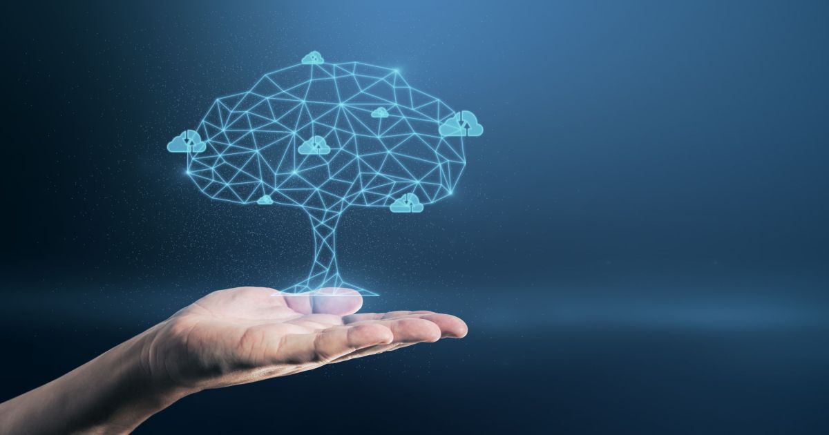 Cloud professional holding an abstract cloud environment