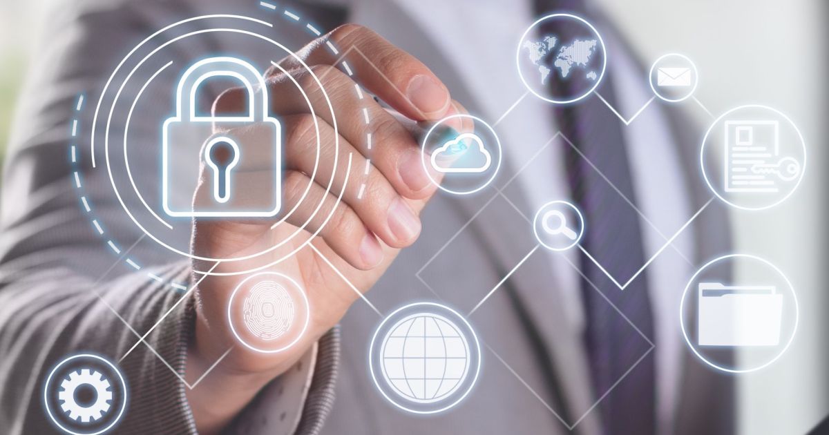 Vertical photo of cybersecurity and enterprise data protection with biometrics and encrypted files.