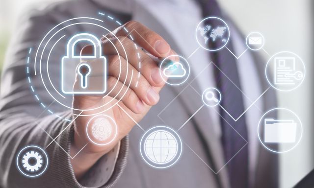 Vertical photo of cybersecurity and enterprise data protection with biometrics and encrypted files.