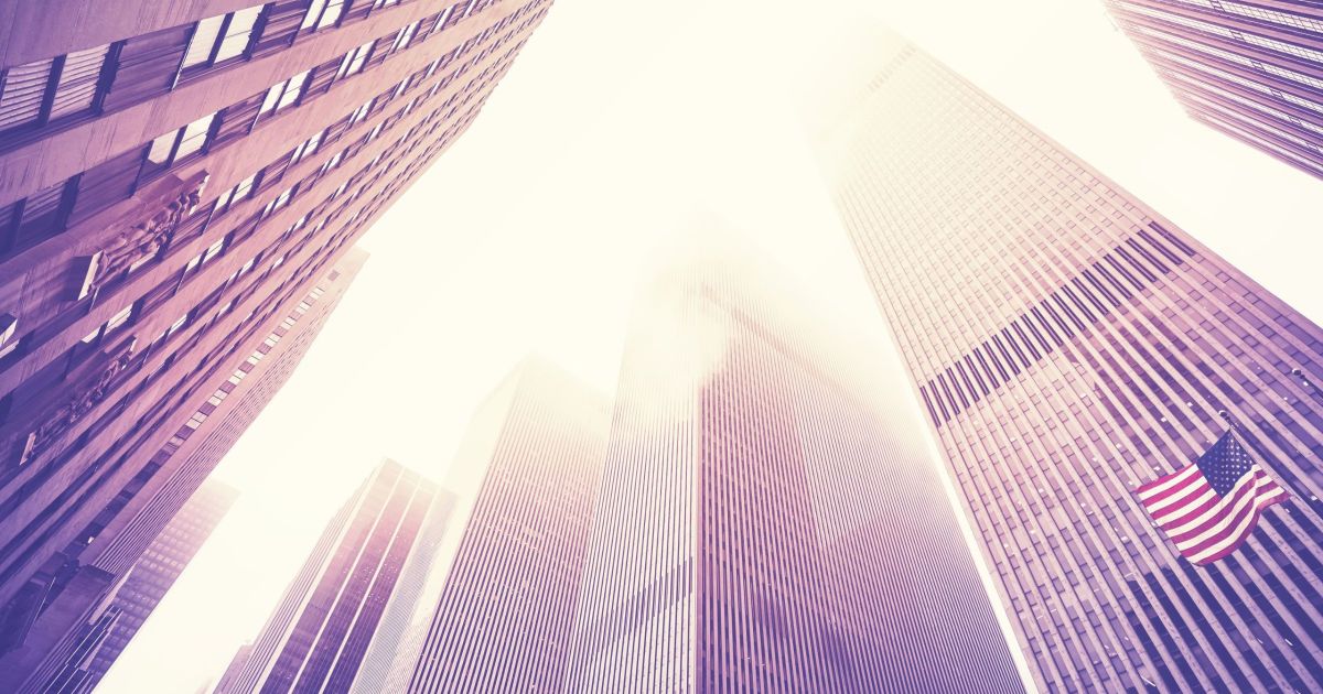 Manhattan skyscrapers in fog, New York City, USA.