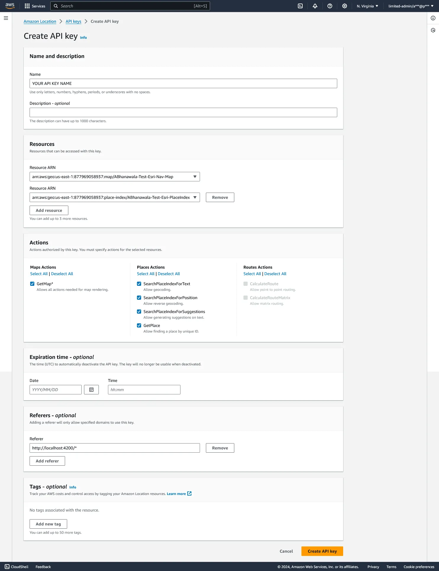 AWS Location Service → Create API Key