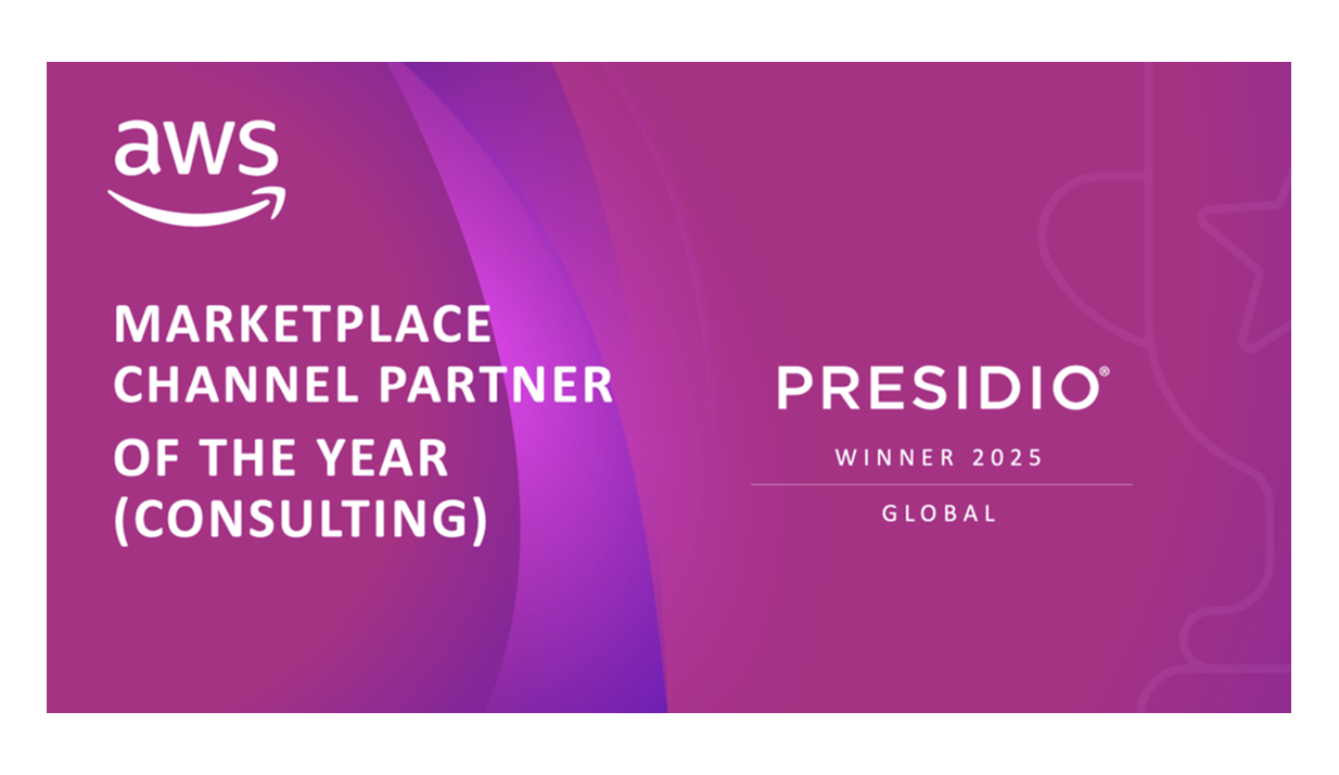 AWS award announcement for "Marketplace Channel Partner of the Year (Consulting)" won by Presidio for 2025, displayed on a purple background.