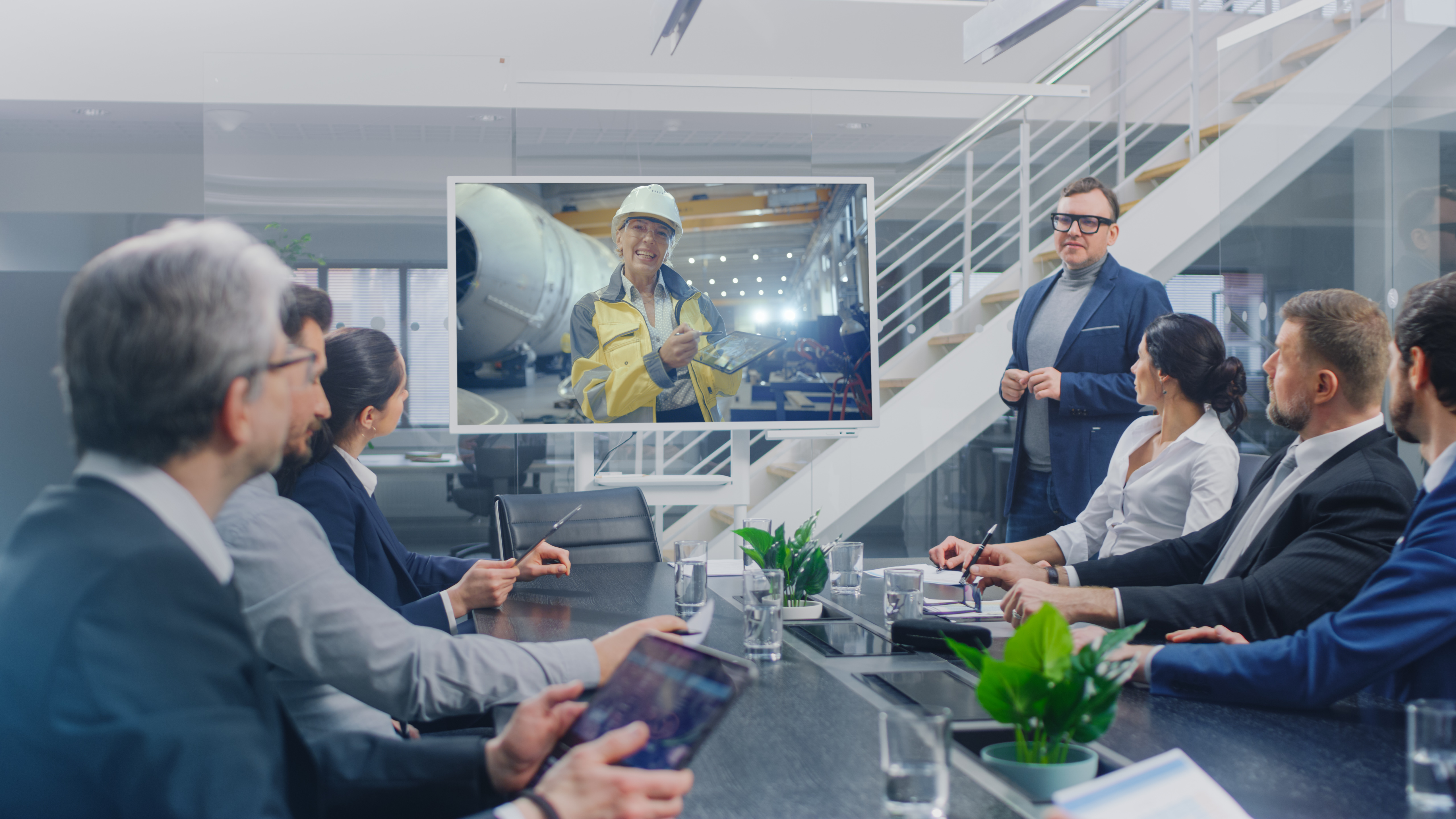 In the Conference Room Group of Directors Investors and Businessmen Making Video Conference Call To Talk with Professional Female Engineer working in Industrial Factory