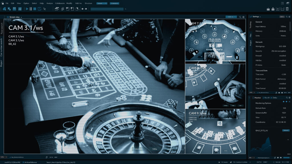 CCTV Security Displays Casino Gaming Tables Main Screen Shows Blackjack Table With Cards and Chips Smaller Screens Reveal Other Games Surveillance Software Template Split Screen